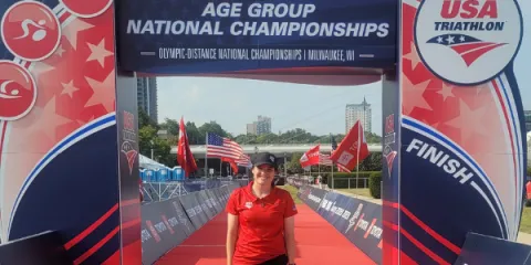 Photo of Gracie Mensay interning at USA Triathalon