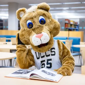 Clyde reading in the UCCS library.