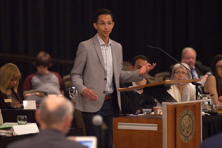 Preston Hare, a current BI student, speaks to the Board of Regents April 5.