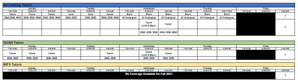COB Fall 2021 Tutoring Schedule